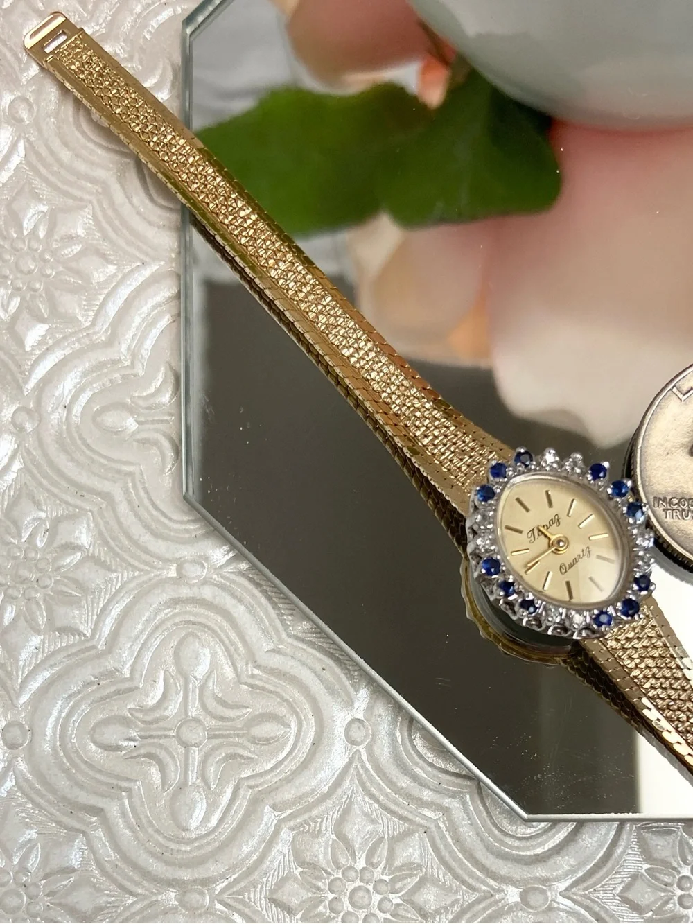 Vintage Topaz Diamond and Sapphire Accented Bezel Dainty Cocktail Watch